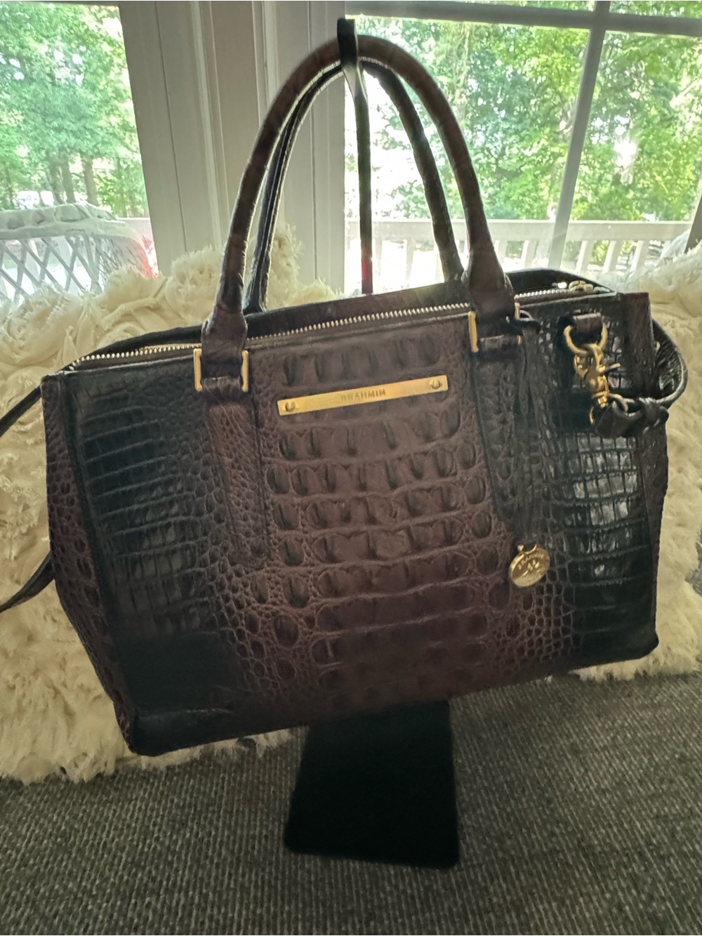 Brahmin Lincoln Satchel Melbourne Cocoa CrocEmbossed Leather Convertible Handbag - Picture 2 of 10